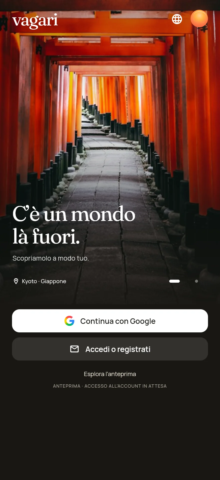 Schermata reale di benvenuto di Vagari in italiano