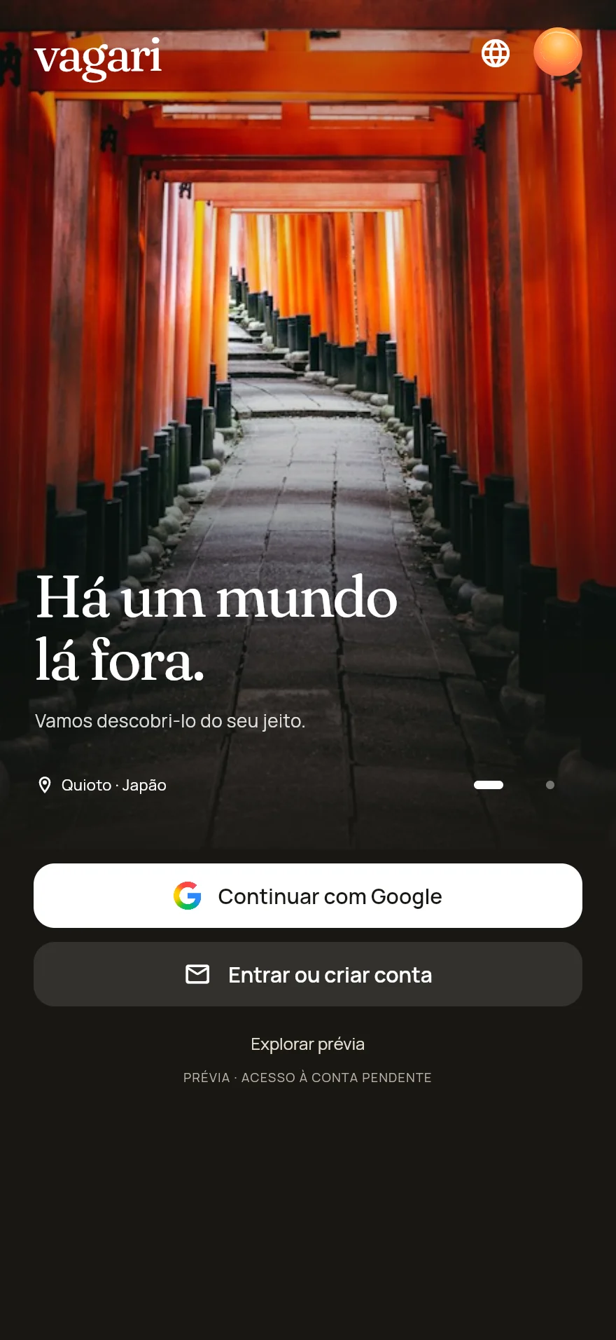 Tela real de boas-vindas do Vagari em português